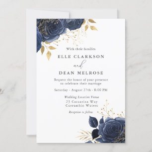 Invitation Marine Blue & Gold Roses Mariage élégant