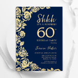 Invitation Marine Blue Gold Roses Surprise 60e anniversaire<br><div class="desc">Invitation de 60e anniversaire à la fête d'or bleu marine. Design élégant avec des roses,  fausse feuille d'or et police de script de typographie. Carte invitation tendance parfaite pour une célébration anniversaire élégante. Peut être customisé à n'importe quel âge. Invitations Zazzle imprimées ou téléchargement instantané modèle imprimable numérique.</div>