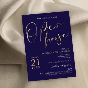 Invitation Marine Blue & Gold Script Logo Business Open House