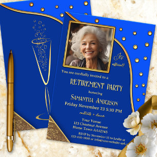 Invitation Marine Blue Gold Sparkles Photo Retirement Party