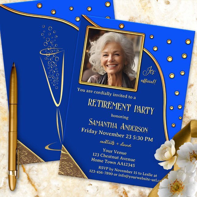 Invitation Marine Blue Gold Sparkles Photo Retirement Party (Elegant retirement invitation showing your photo on a navy blue gold design with festive sparkles)