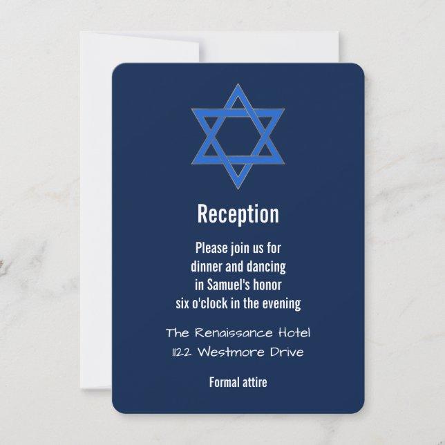 Invitation Marine Blue Gold Star de David Bar Mitzvah Récepti (Devant)