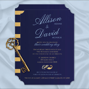 Invitation Marine Blue Gold Stripes Mariage moderne