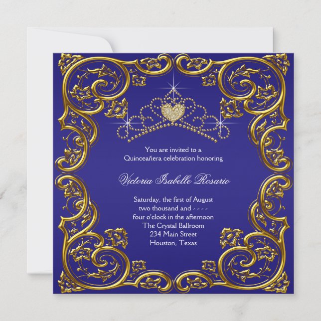 Invitation Marine Blue Gold Tiara Sweet 15 Quinceanera (Devant)