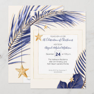 Invitation Marine Blue & Gold Tropical Green Party de Noël