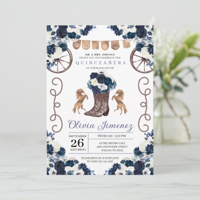 Invitation Marine Blue Gold Western Charra Bottes Quinceañera (Debout devant)