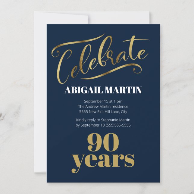Invitation Marine Blue Gold White 90e fête d'anniversaire (Devant)