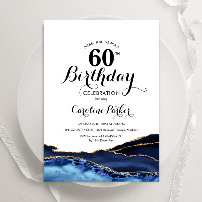 Invitation Marine Blue Gold White Agate 60e anniversaire (Créateur téléchargé)