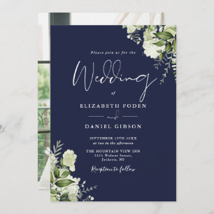 Invitation Marine Blue Green Feuilles Élégant Mariage photo
