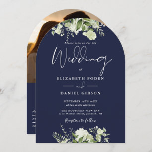 Invitation Marine Blue Greenery QR Code Photo Arch Mariage