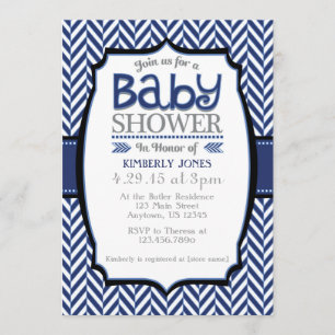 Invitation Marine Blue Grey Herringbone Baby Shower Invitatio