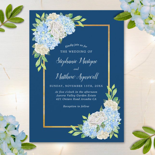 Invitation Marine Blue Hydrangea White Roses Gold Mariage (Créateur téléchargé)