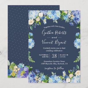 Invitation Marine Blue Hydrangeas Floral Romantique Mariage