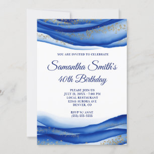 Invitation Marine Blue Ink Gold Flakes Geode 40e anniversaire
