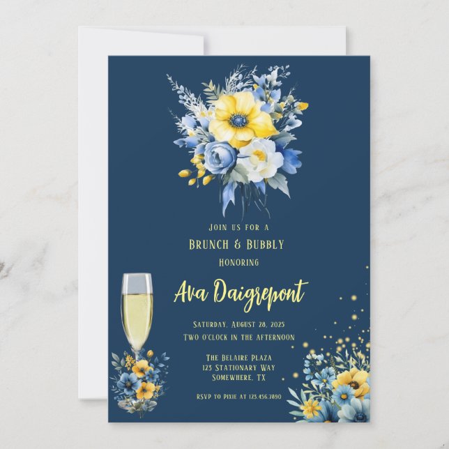 Invitation Marine Blue Jaune Floral Gold Brunch & Bubbly (Devant)