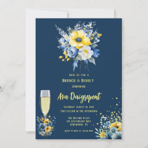 Invitation Marine Blue Jaune Floral Gold Brunch & Bubbly