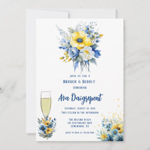 Invitation Marine Blue Jaune Floral Gold Brunch & Bubbly