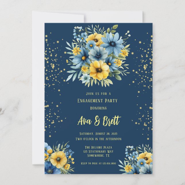 Invitation Marine Blue Jaune Floral Gold Party (Devant)