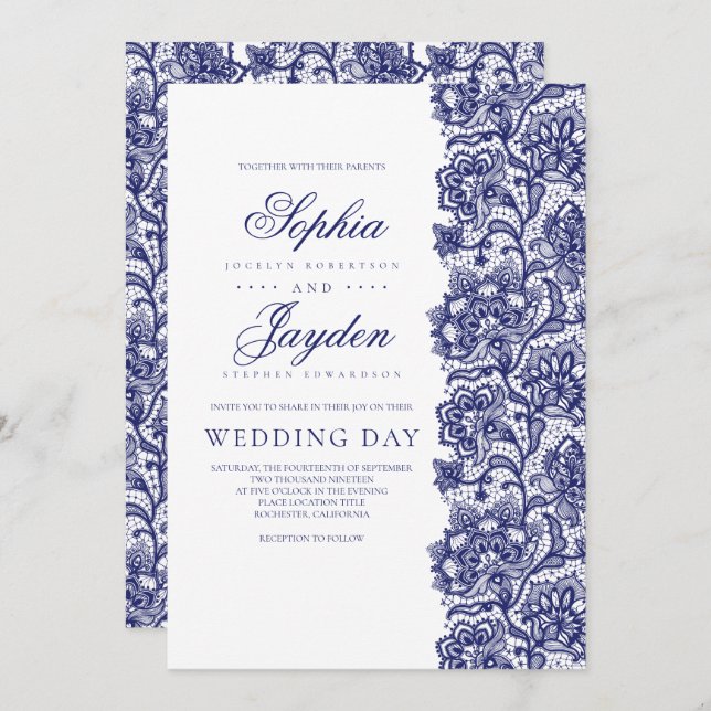 Invitation Marine Blue Lace Élégant et Mariage moderne (Devant / Derrière)