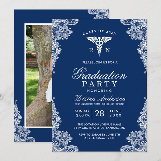 Invitation Marine Blue Lace Nursing School Graduation Party (Devant / Derrière)