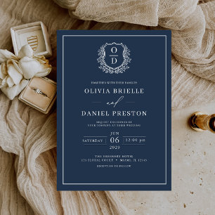 Invitation Marine Blue Leafy Crest Monogramme Mariage élégant