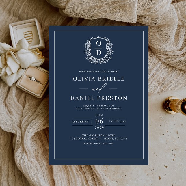 Invitation Marine Blue Leafy Crest Monogramme Mariage élégant (Créateur téléchargé)