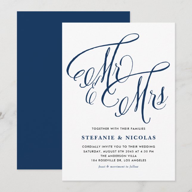 Invitation Marine Blue M. et Mme Rustic Mariage de calligraph (Devant / Derrière)
