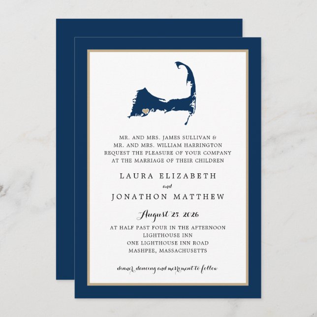 Invitation Marine Blue Mashpee Cape Cod Map Gold Heart Mariag (Devant / Derrière)
