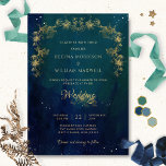 Invitation Marine Blue Mid Summer Night Dream Mariage céleste<br><div class="desc">Dégustez vos invités avec cette élégante et unique faire-part de mariage céleste étoilée avec un magnifique bleu marine et un arrière - plan céleste vert avec des étoiles somptueuses et des délicates guirlandes botaniques fantaisies dorées. Possibilité de modifier et de customiser toutes les sections de texte selon vos besoins. Facile...</div>