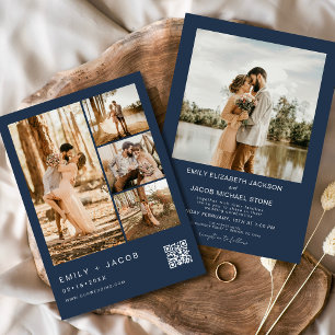 Invitation Marine Blue Minimaliste Cinq 5 Photo Code QR Maria