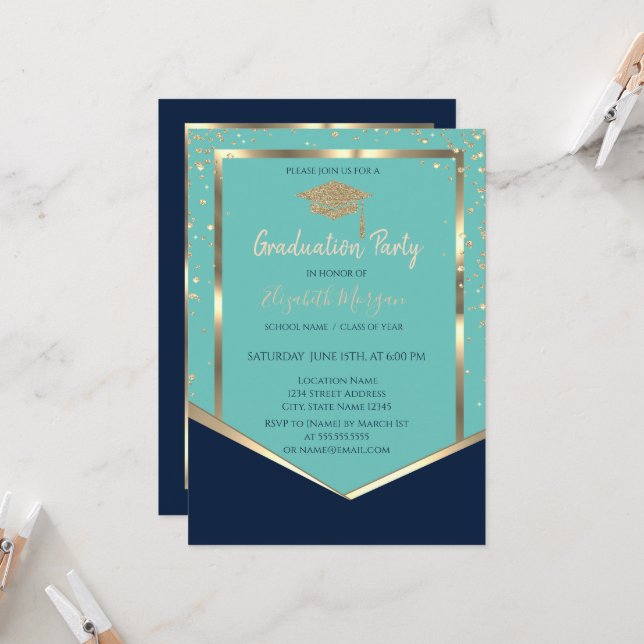 Invitation Marine Blue Mint Green Gold Diamonds (Devant/Arrière en situation)
