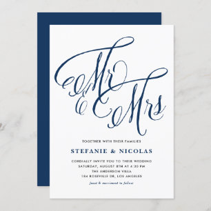 Invitation Marine Blue Mme et Mme Rustic Script Mariage