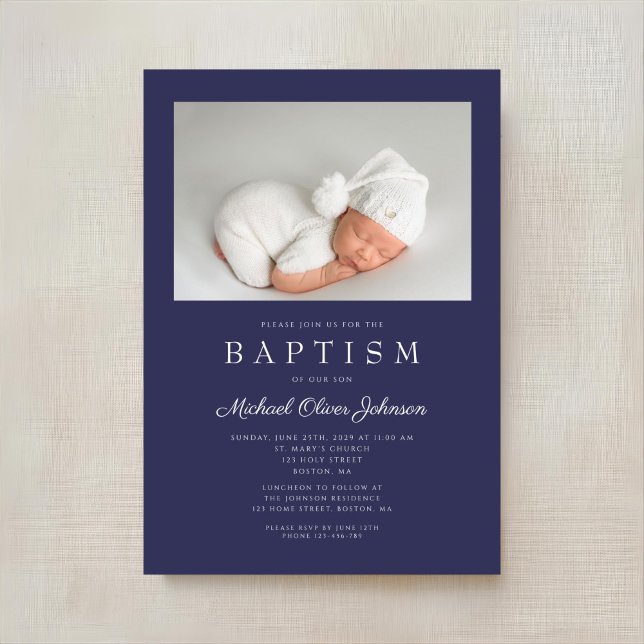 Invitation Marine Blue Modern Boy Photo Baptême (Navy Blue Modern Boy Photo Baptism Invitation)