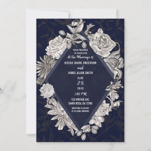 Invitation Marine Blue Modern Diamond Fleurs Vintages Mariage