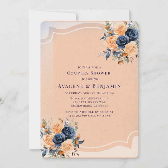 Invitation Marine Blue Peach Peint Floral Couples Douche (Devant)