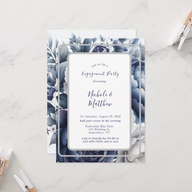Invitation Marine Blue Peonies & White Roses (Devant/Arrière en situation)