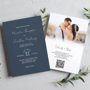 Invitation Marine Blue Photo Budget Mariage QR Code Rsvp