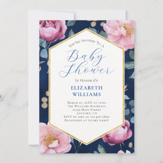 Invitation Marine Blue Pink Gold Peonies Baby shower Invitati