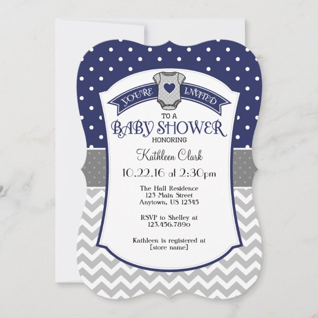 Invitation Marine Blue Polka Dot Chevron Baby shower Invitati (Devant)