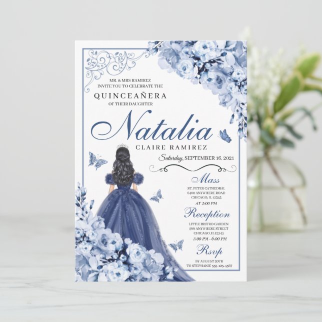 Invitation Marine Blue Princess & Butterflies Tiara Quinceañe (Debout devant)