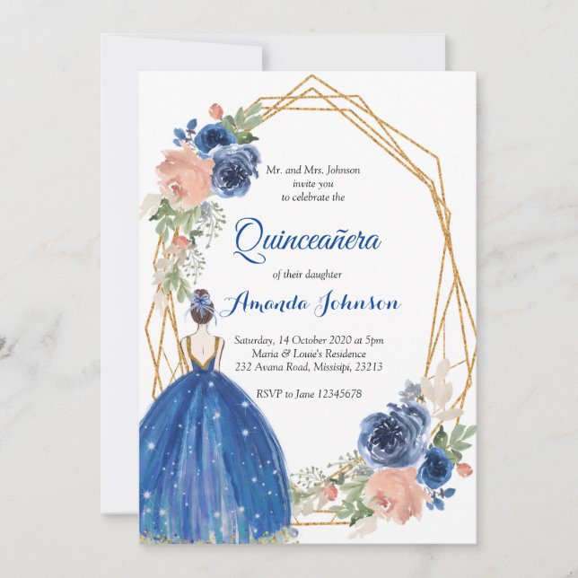 Invitation Marine Blue Princesse Quinceañera espagnol 15 Anni (Devant)