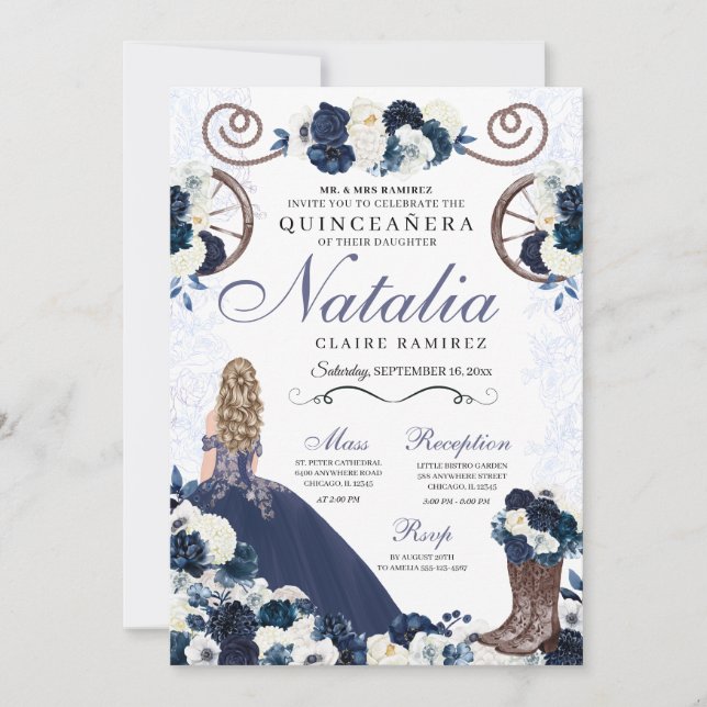 Invitation Marine Blue Ranchero Princesse Robe Quinceanera (Devant)
