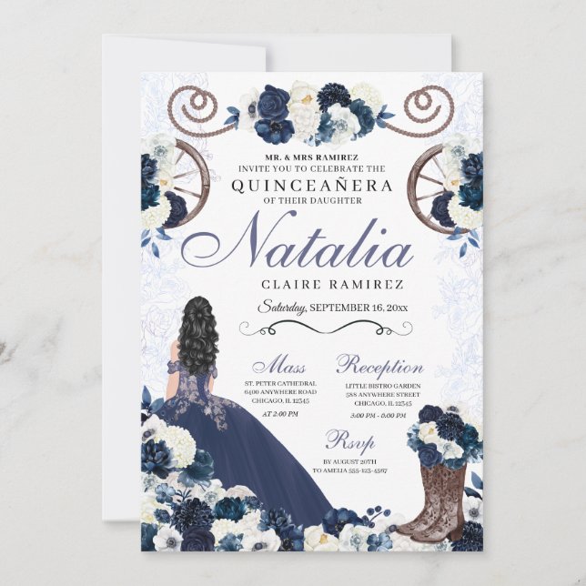 Invitation Marine Blue Ranchero Princesse Robe Quinceanera (Devant)