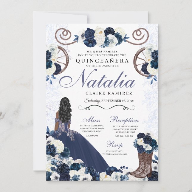 Invitation Marine Blue Ranchero Princesse Robe Quinceanera (Devant)