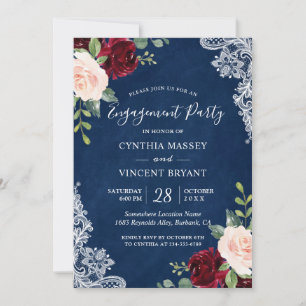 Invitation Marine Blue Red Blush Floral Lace Engagement Party