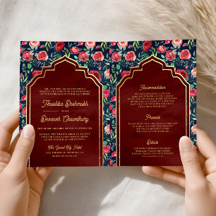 Invitation Marine Blue Red Roses Floral Gold Mariage indien