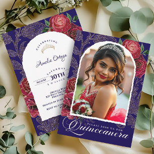 Invitation Marine Blue Red Roses Photo Princesse Quinceanera