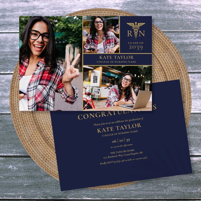 Invitation Marine Blue RN Nursing 3 Photo Graduation Party (Navy Blue RN Nursing 3 Photo Graduation Party Invitation)