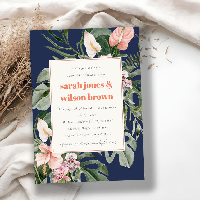 Invitation Marine Blue Rose Boho Tropical Floral Couples Douc (Créateur téléchargé)