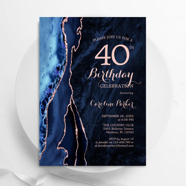 Invitation Marine Blue Rose Gold Agate 40e anniversaire (Créateur téléchargé)